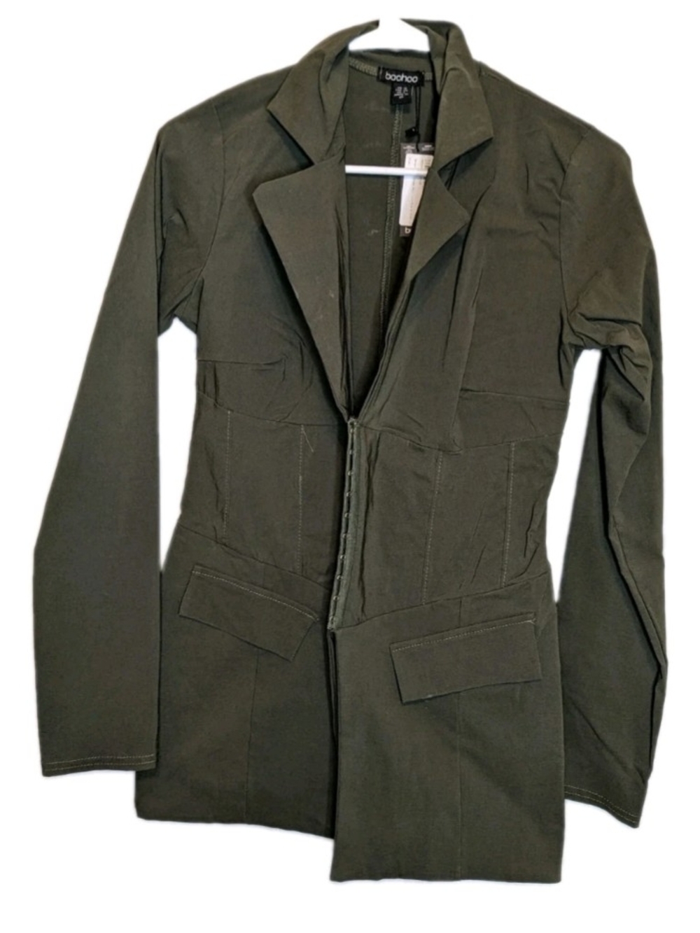 boohoo Olive Green Cinched Corset Waist Blazer Jacket Hook & Eye Peplum Size 8